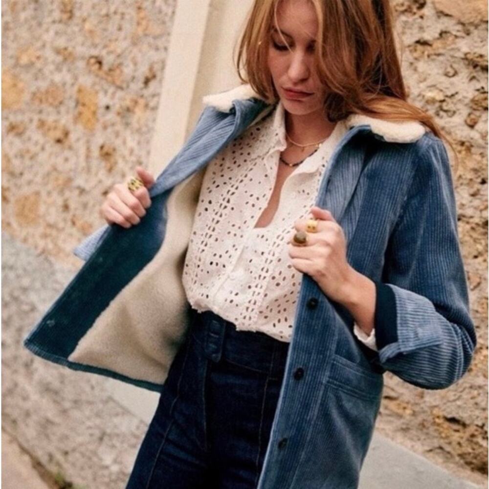 Sezane Blue Corduroy Shearling-Lined Jacket